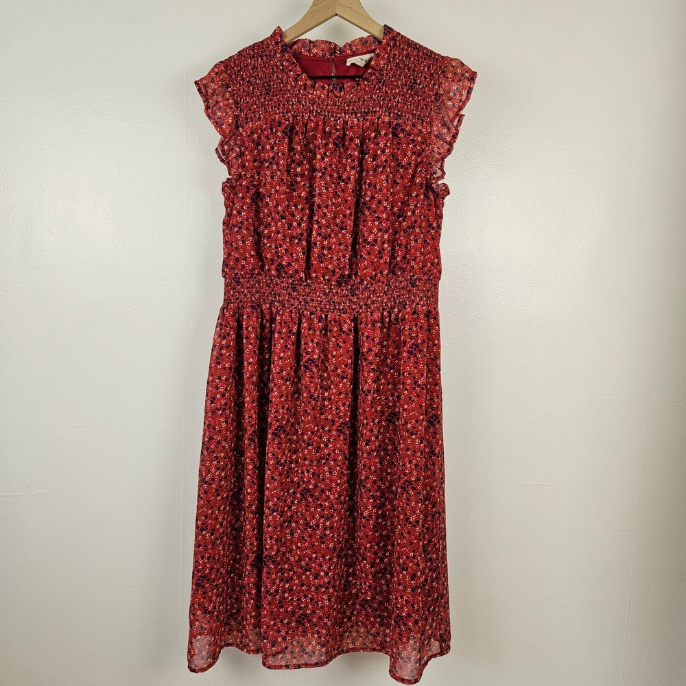 Betsy's‎ Boutique Shop Flutter Sleeve Floral Dress Sz XL Red Chiffon Ditsy